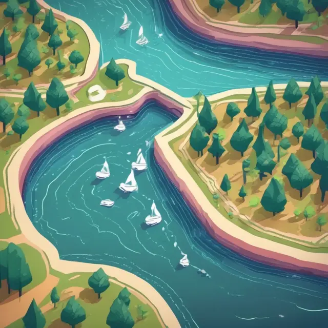 A flowing river symbolizing financial data with questions in the form of rocks, answers as water droplets labeled 