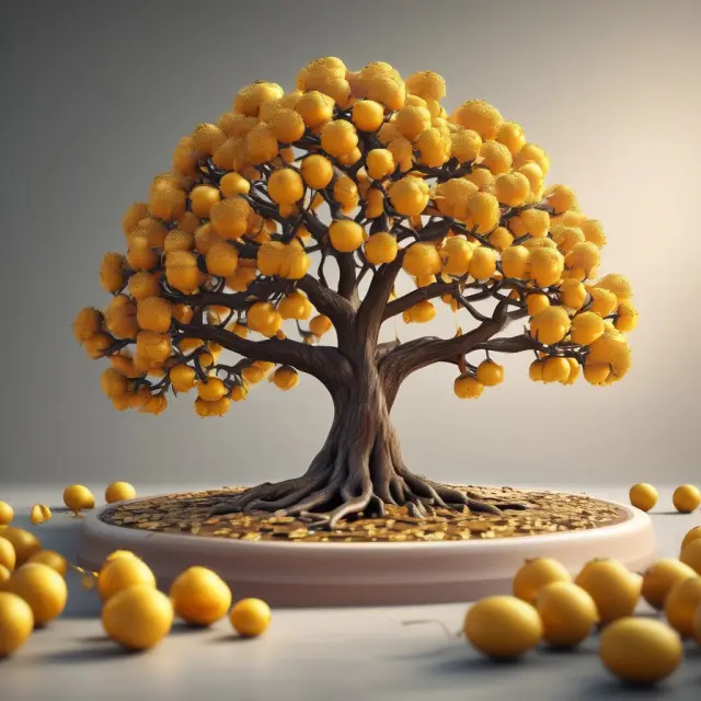 A flourishing tree yielding weekly harvests of golden fruits symbolizing the continuous growth and income potential for institutional investors from Variable Coupon Renewable Notes (VCRs).