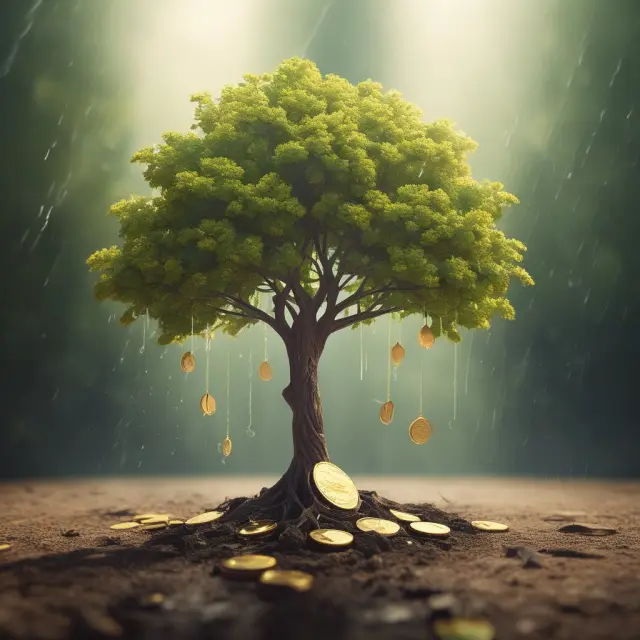 Variable death benefit: A seedling transforms into a fruitful tree, absorbing sunlight (returns) and rain (premiums), with golden coins as leaves for future generations