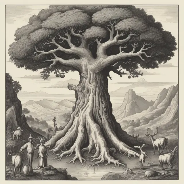 An ancient tree with branches yielding fruit representing various investment returns and risks, anchored by a trunk symbolizing the guaranteed death benefit