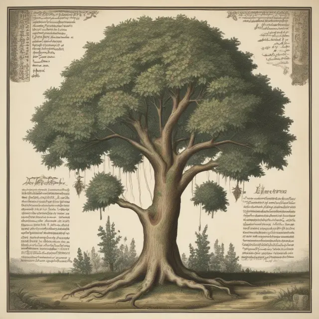 An ancient tree with branches bearing interchangeable LIBOR and inflation indices, symbolizing the versatility of variable interest rates in bonds and securities.