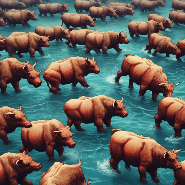 A serene seascape with traders represented as bulls and bears navigating a sea of expanding price limits, illustrating market stability during volatile conditions