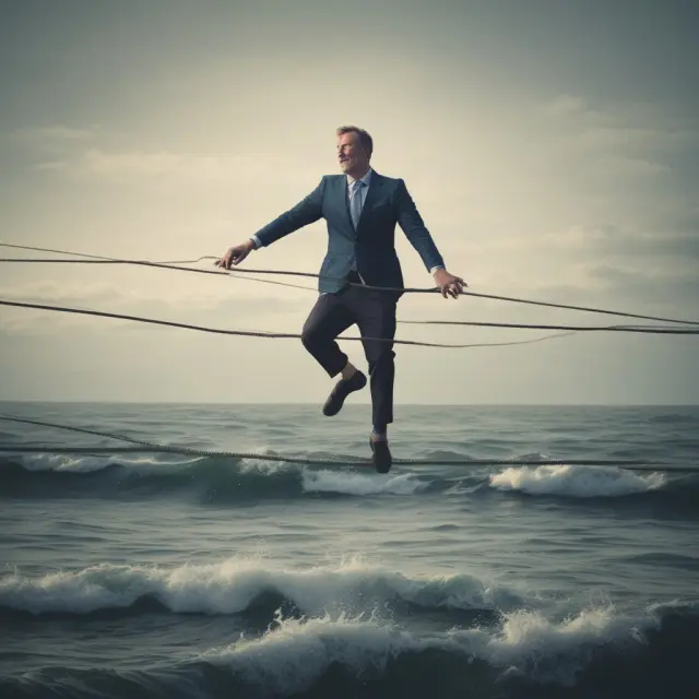 An investor precariously balancing on a tightrope amidst an ocean of subaccounts, representing the risks associated with Variable Universal Life (VUL) policies: market risk and fees