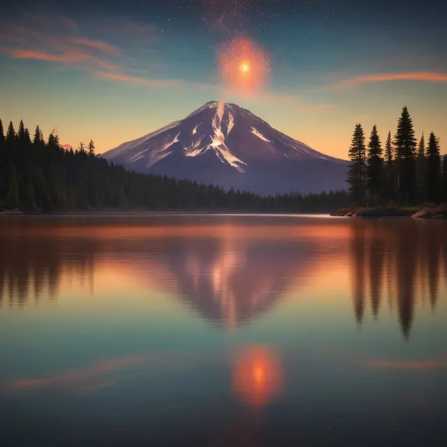 A volcano symbolizing variance erupts, dispersing data points; a calm lake reflects these points, representing standard deviation