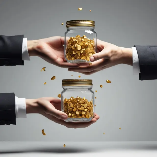 Golden jars symbolizing variance swaps being exchanged between two hands, illustrating institutional investor transactions
