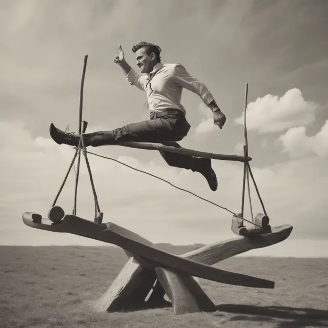 Trader sitting on a seesaw, with one side representing collateral and the other market volatility. Balancing act symbolizes maintaining margin levels during price fluctuations