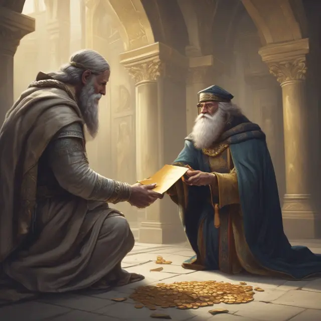 Vault guardian handing over a golden receipt representing metal ownership to an investor. Conveys the concept of transferring metals through vault receipts.