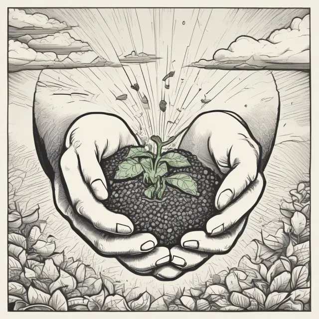 A venture capitalist with outstretched hands, symbolizing investment and growth, in a flourishing startup ecosystem
