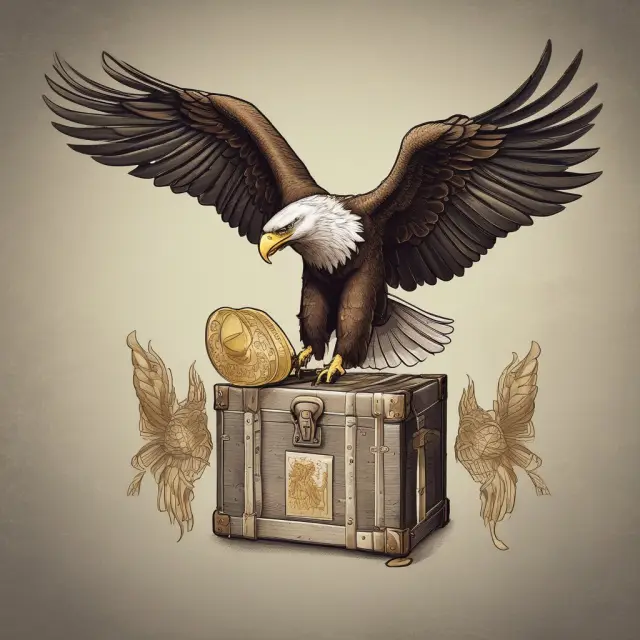 An eagle symbolizing a labor union carries a VEBA chest full of gold coins, illustrating historical benefits for workers