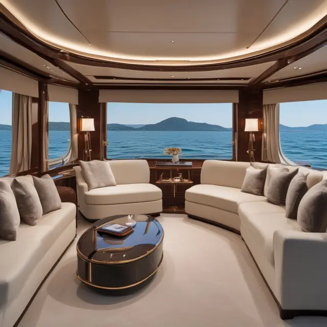 A luxurious swan-shaped yacht sailing on an exclusive, calm sea, representing the concept of Veblen goods