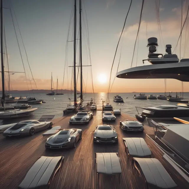 A scene showing luxury cars, yachts, watches, and high-end fashion floating in an exclusive sea, symbolizing their association with wealth and status