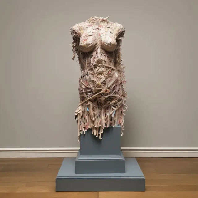 Elitist art auction with rare, shredded paintings on pedestals, representing Veblen goods and their status-driven value