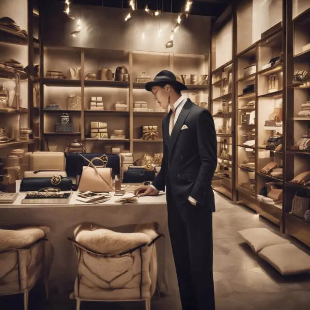 A stunning luxury brand displaying an array of desirable Veblen goods, with affluent consumers admiring and reaching out to touch the exclusivity