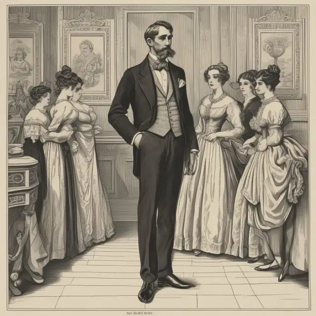 Two dancers in elegant attire representing status and self-esteem gracefully engaged around a Veblen good on a pedestal
