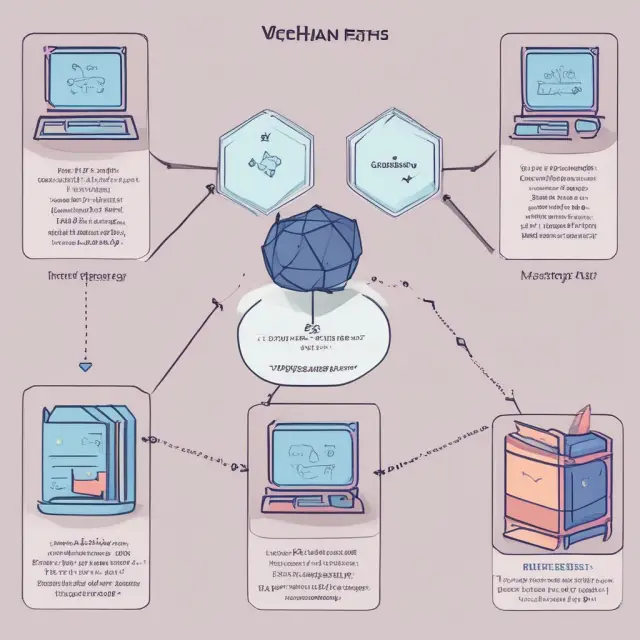 A library filled with knowledge blocks being sifted by VeChain master nodes to answer frequently asked questions