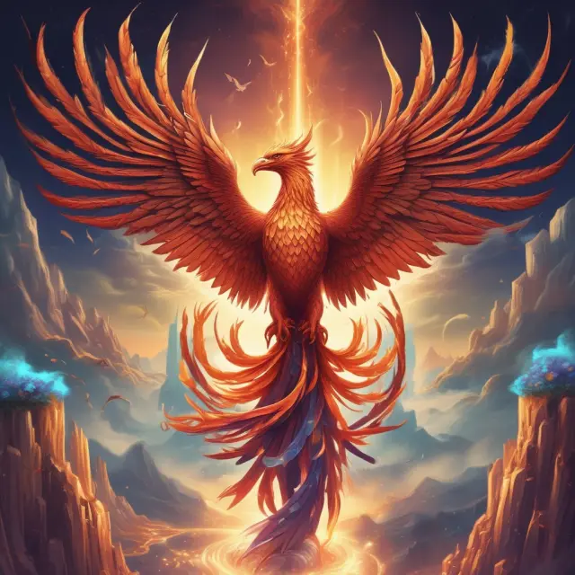Phoenix emerging from scrolls, VeChain logos depicted on wings. Strategic partnerships represented by ancient texts.