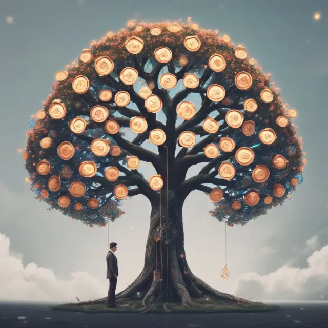 Businessman examines RFID-tagged branches of a blooming blockchain tree, symbolizing VeChain