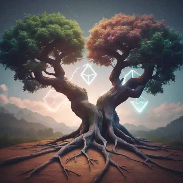 Comparison of VeChain and Ethereum: Two intertwining trees representing their growth through token economies and real-world applications