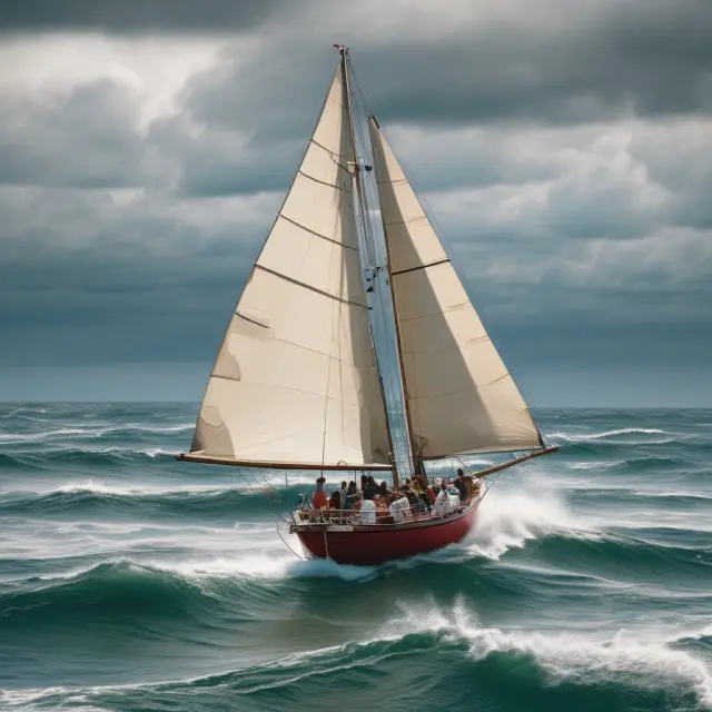 A sailboat with a vega neutral flag braves choppy waters, symbolizing the importance of managing volatility risk in options trading
