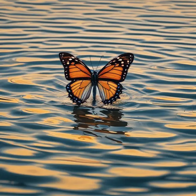 Visualization of Vega and its relationship to the implied volatility of options, represented as a delicate butterfly hovering over calming water with implied volatility ripples