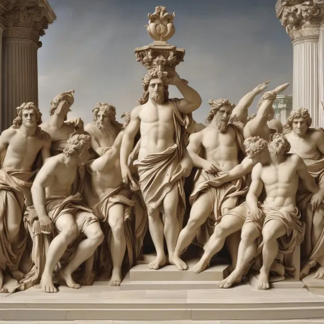 Greek gods Vega, Delta, Gamma, and Theta personified as deities guiding options traders through the realm of volatility