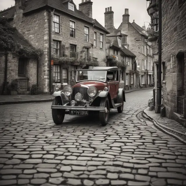 Antique car driving on old-fashioned cobblestone road, leaving coins as symbols of early vehicle tax revenue for UK infrastructure