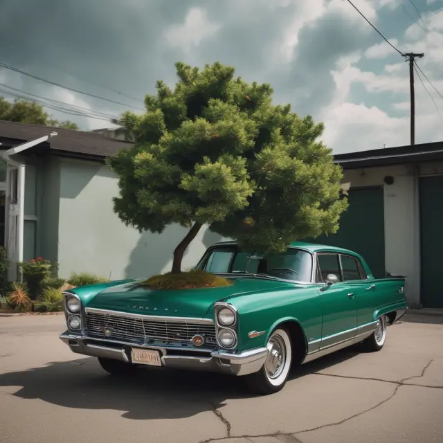 Vintage car with an eco-friendly tree growing through the roof, illustrating Vehicle Excise Duty