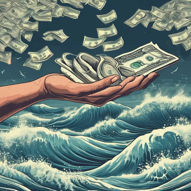 Image depicts money flowing between consumers, businesses and economy, symbolizing velocity of money as economic waves
