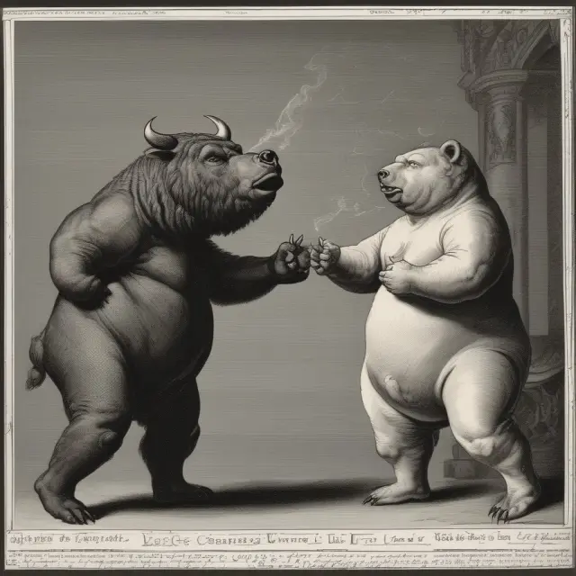 A monetarist bull and critical bear in discussion, each standing before a velocity of money graph