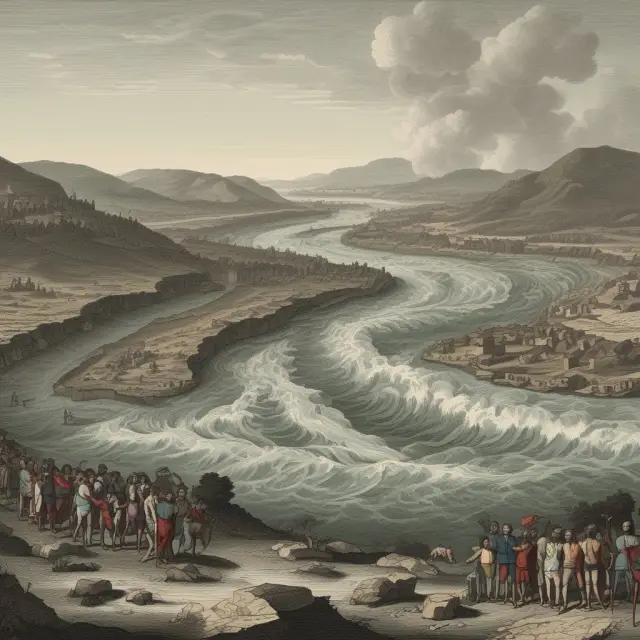River symbolically representing historical velocity of money trends, with key periods highlighted