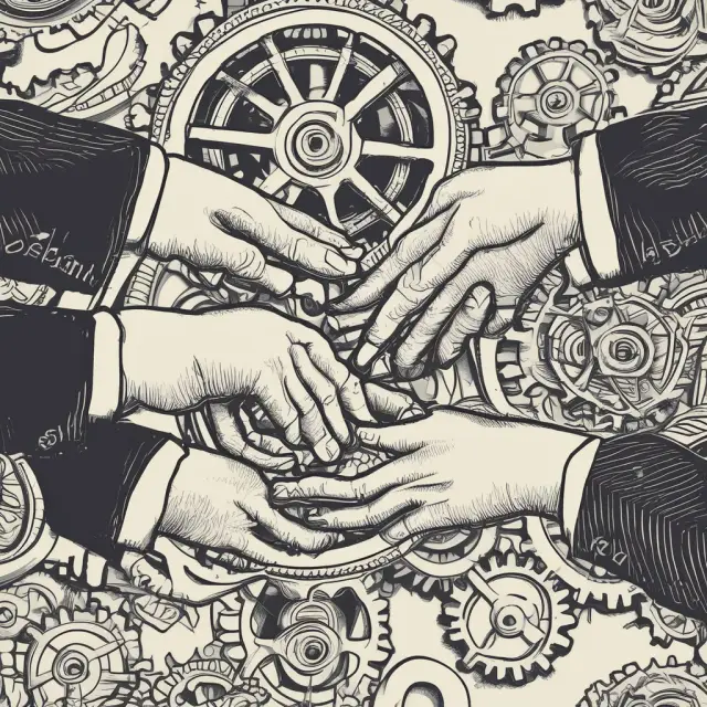 Two hands shaking on a vendor loan agreement surrounded by interlocking gears representing the essential elements: parties, funding amounts, maturities, interest rates.