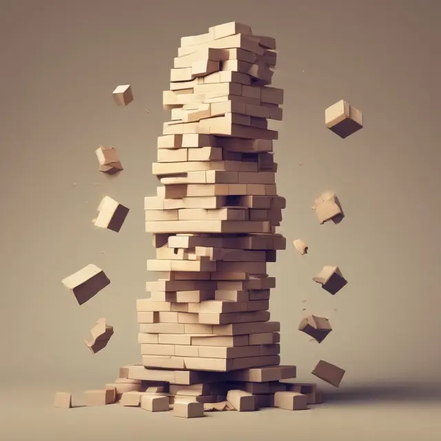 A Jenga tower representing assets, relationships, and credit crumbling after a buyer defaults on vendor notes
