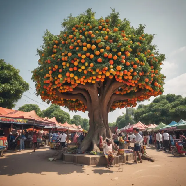 An image of a tree with various fruits representing supplies being transformed into a bustling marketplace, encapsulating the role of vendors in sourcing and selling products.