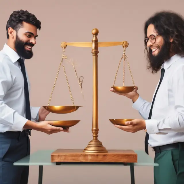 A vendor acting as a lender, represented by an equalizing scale with the seller and buyer balanced