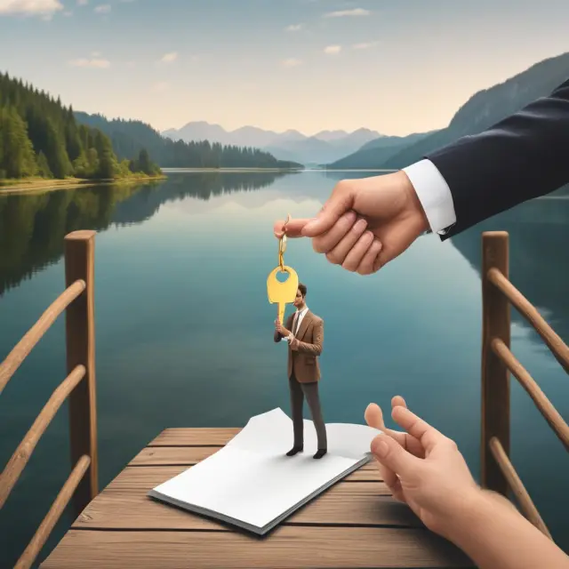 A seller hands a golden key to a buyer crossing a bridge of contracts, illustrating the concept of a vendor take-back mortgage