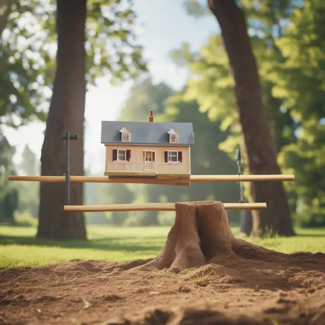 A seesaw teeters between two mortgage options: a stable, bank-issued mortgage and a dynamic, vendor-held loan.