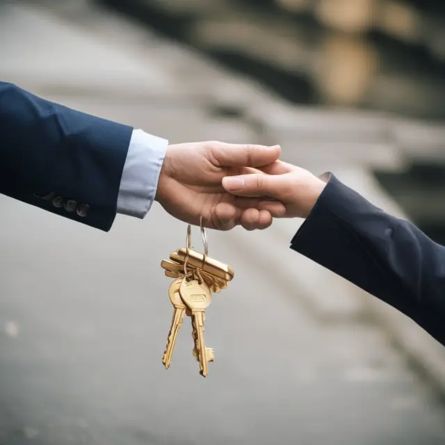 A seller extending golden keys to a hopeful buyer on a bridge, symbolizing the process and trust involved in vendor take-back mortgages