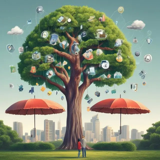 Five interconnected trees symbolizing business-to-business suppliers, office equipment manufacturers, service providers, startups, and other industries participating in vendor financing