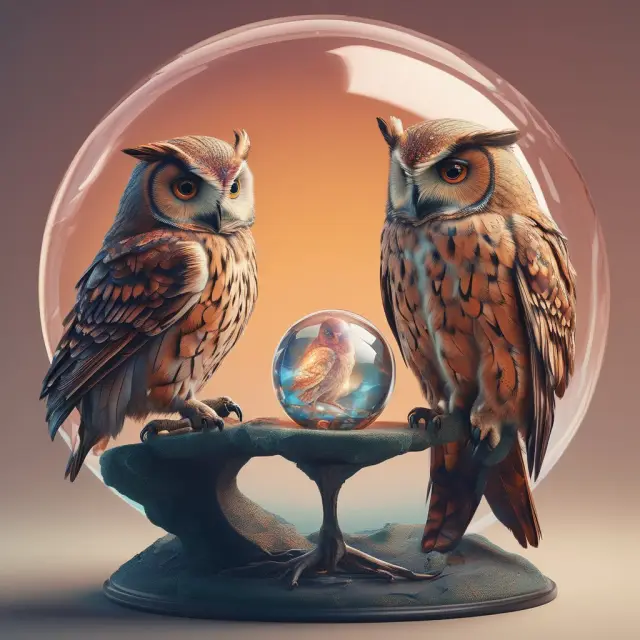 An institutional investor sitting at a table with a wise owl vendor, reviewing financial statements and using a crystal ball to monitor investment performance