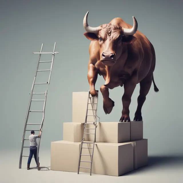 Bulls symbolizing vendors, supporting businesses climbing a ladder towards success through vendor financing