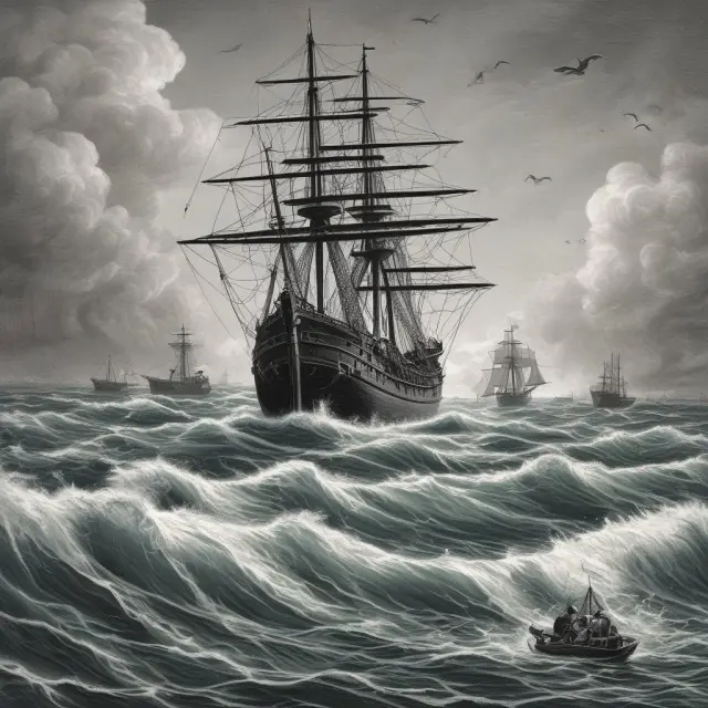 A ship, symbolizing a venture capital-backed company, is guided through stormy seas by experienced investors towards the IPO harbor