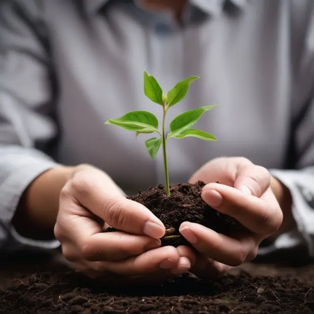 A venture philanthropist tends to a seedling, symbolizing the growth of societal change through strategic investments and active support