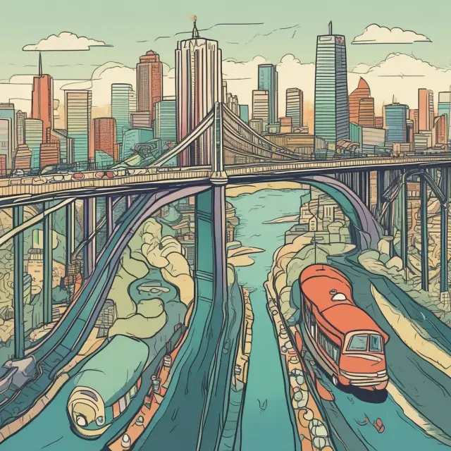 A stylized image of a beautiful, colorful bridge connecting two landmasses labeled 