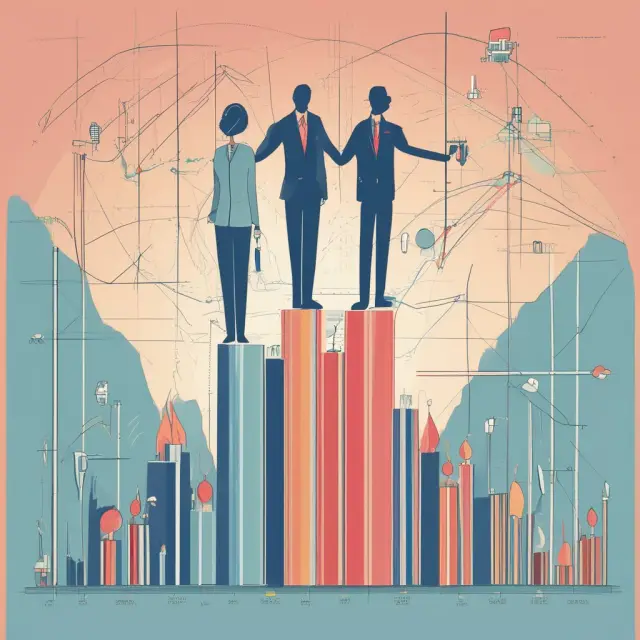 Two partners stand atop a financial graph representing their venture capital fund, emphasizing the importance of their balanced partnership.