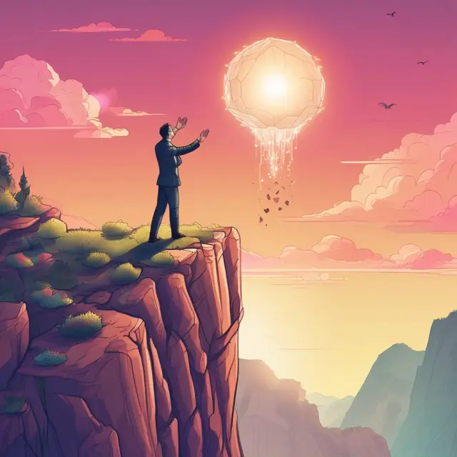 An investor hands a radiant seed to an entrepreneur teetering on a cliff edge, representing the uncertainty and potential of venture capital investments