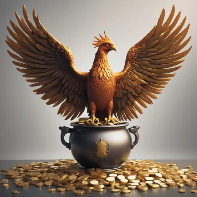 A mythical Phoenix arises from a cauldron filled with golden coins, symbolizing Venture Capital Trusts investing in and revitalizing British small businesses