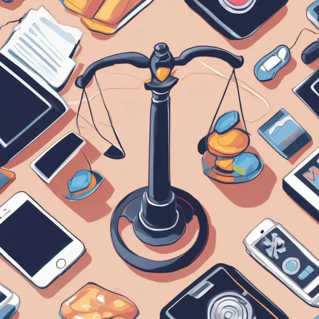 Balanced scales with tablets, smartphones, laptops, and gaming consoles symbolizing various versions catering to diverse customer segments