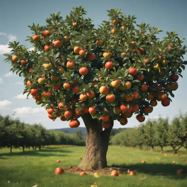 Apples of various colors and sizes hanging from a tree, representing diverse customer offerings in successful versioning strategies.