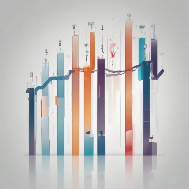 Vertical line chart analyzing stock market data, displaying high, low, open, close prices