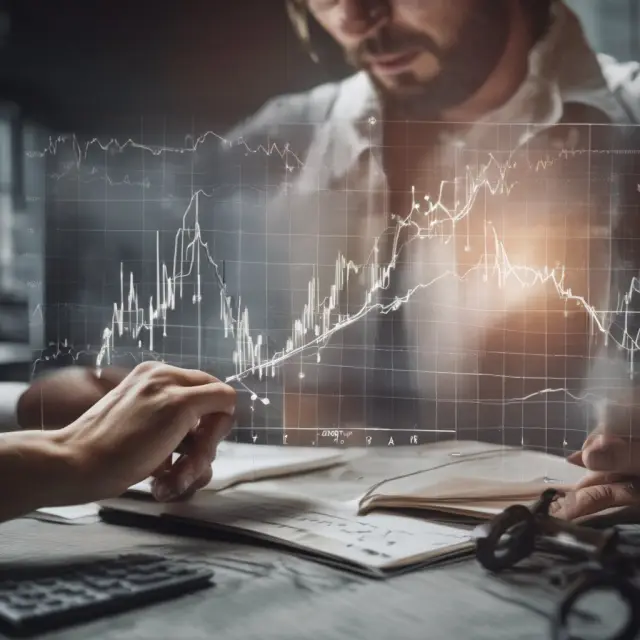 An artisan meticulously creating a bespoke vertical line chart, blending different timeframes and selected data points to cater to a trader